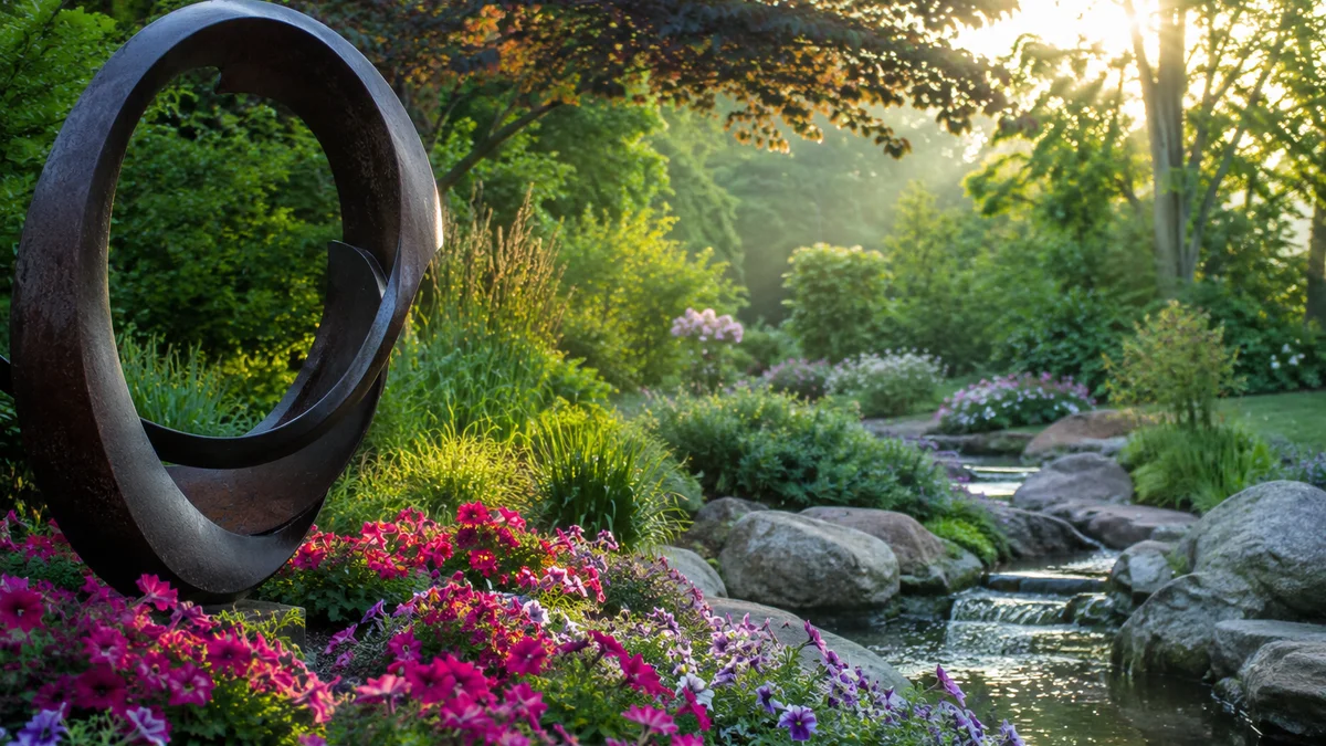 Garden with a metal sculpture and blooming flowers