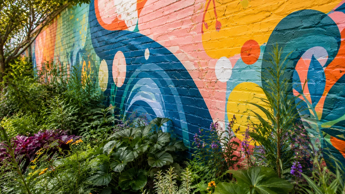 Colorful mural on a garden wall with surrounding greenery