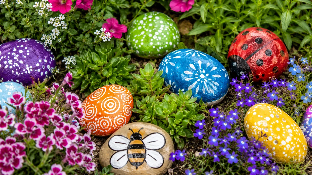 Colorful painted rocks in a garden bed
