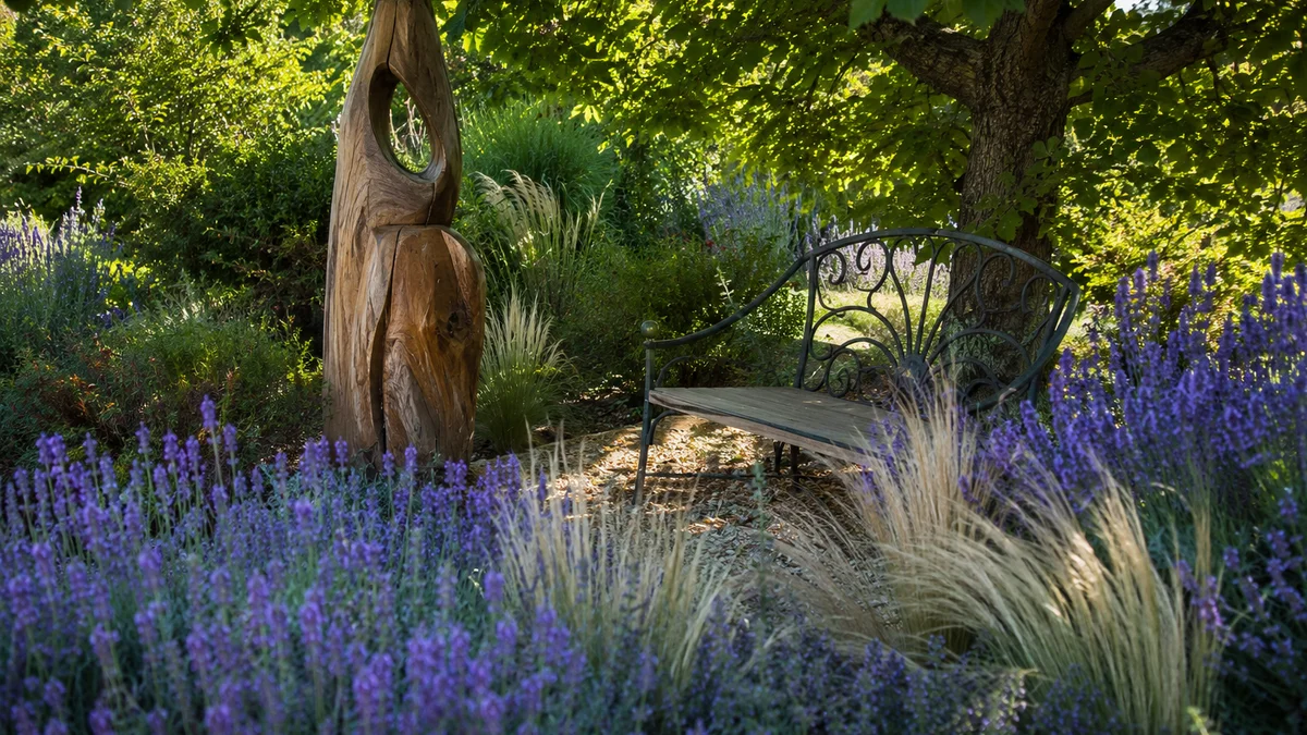 Garden with a rustic wooden sculpture and wrought iron bench