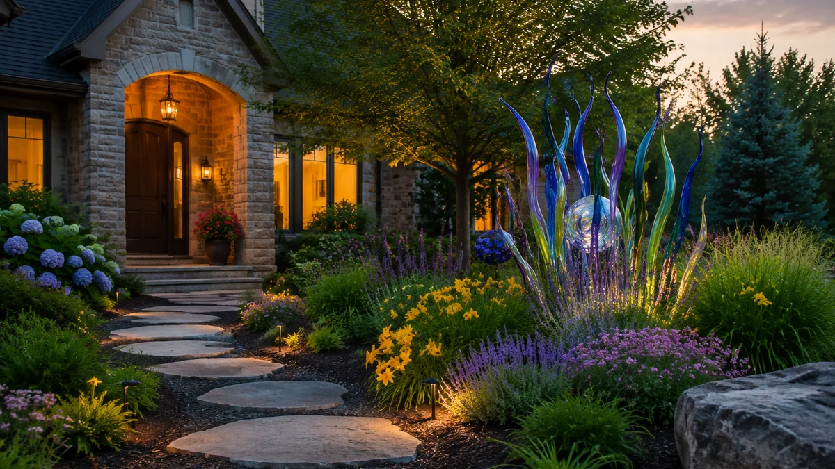 Transformed front yard with stone pathway and glass art installation
