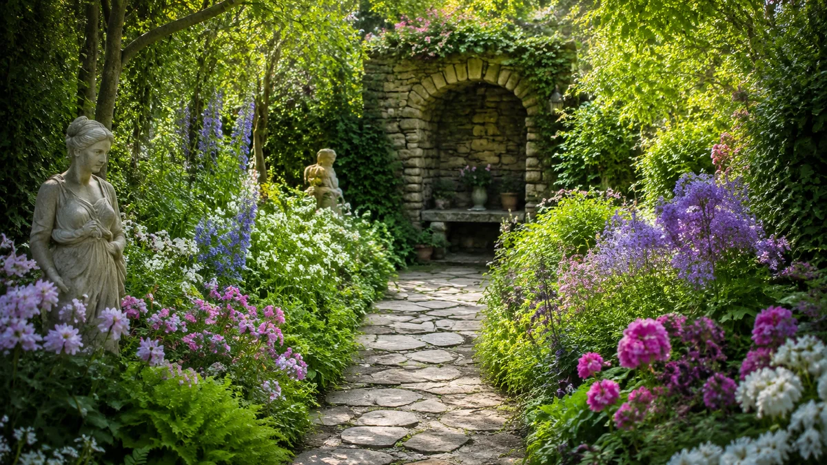 A whimsical garden with colorful flowers and statues in soft morning light