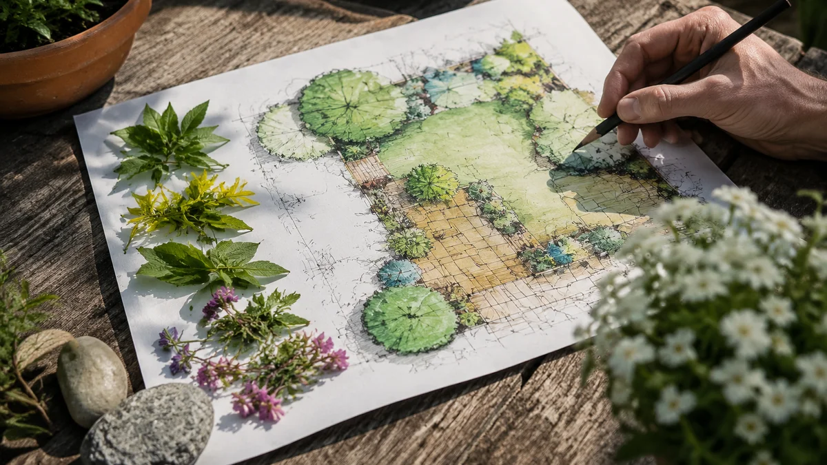 A hand-drawn garden design sketch with plant samples