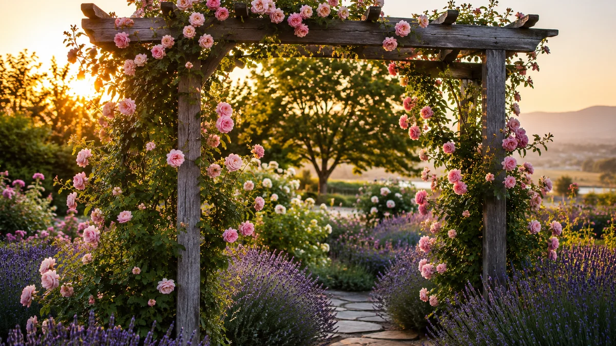 A wooden arbor with climbing roses in a garden setting