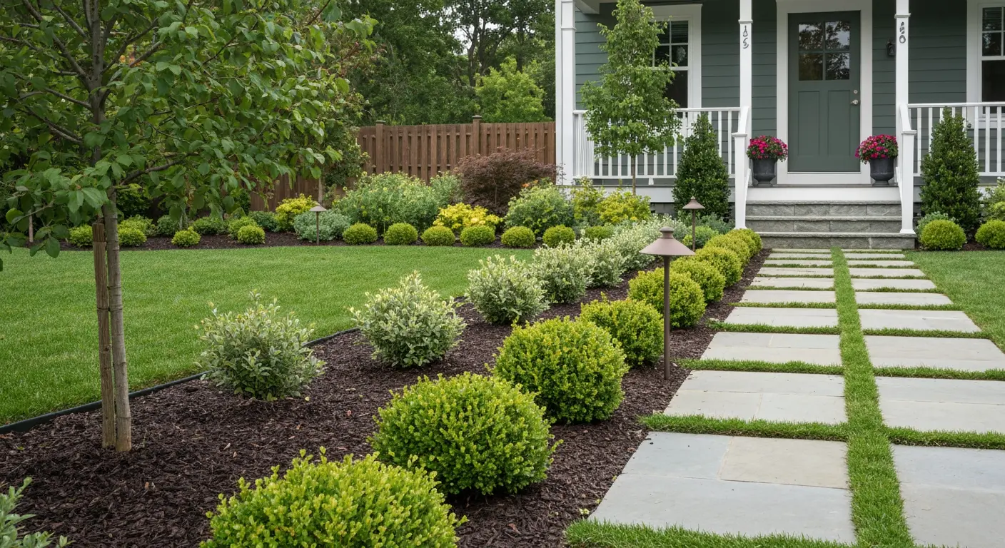 A well-designed front yard with diverse plants, a stone pathway, and a neat lawn