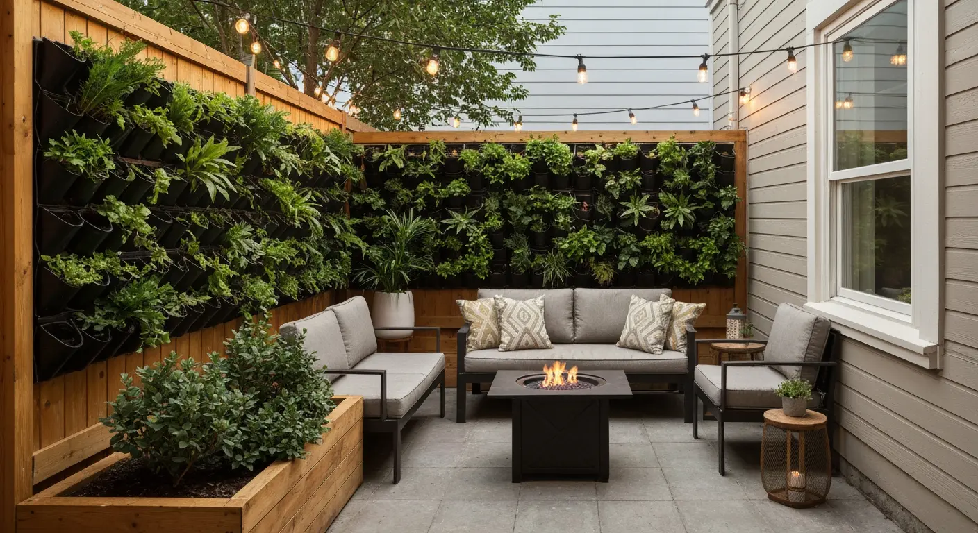 A small urban backyard with a vertical garden, seating area, and string lights