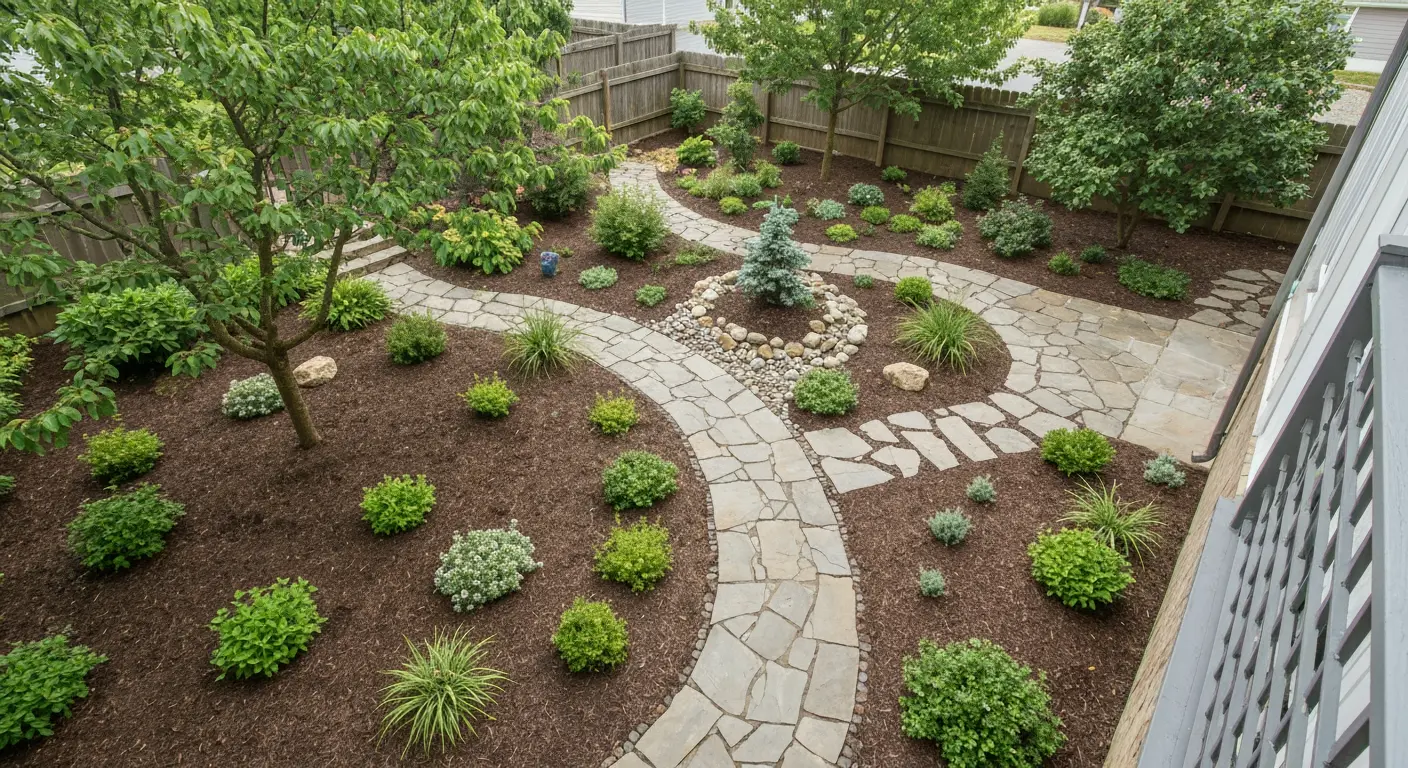 Backyard with a stone pathway and rock garden, surrounded by diverse plantings