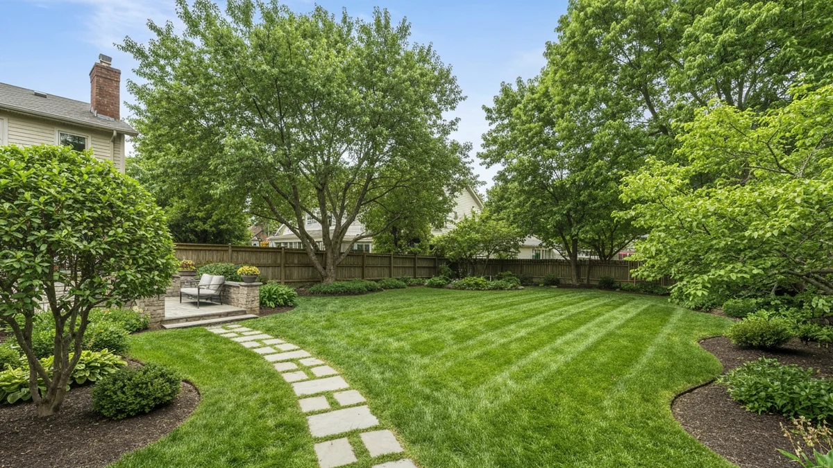 A manicured suburban yard with trees and a stone pathway