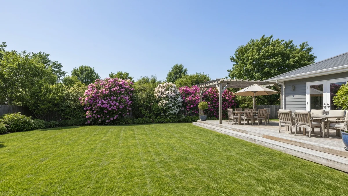 A backyard with a Zoysia grass lawn and a wooden deck