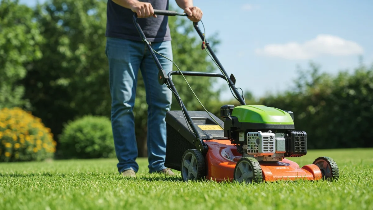 Gardener mowing a healthy lawn on a sunny day