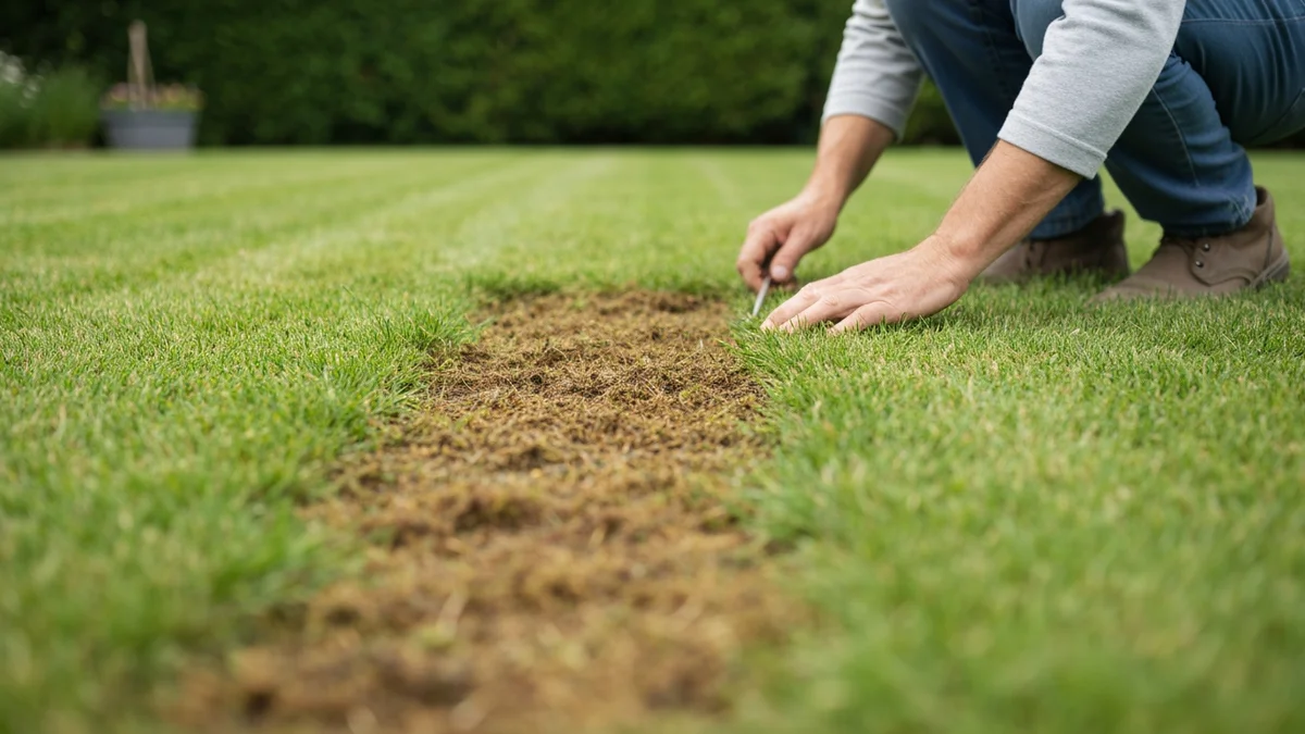 A gardener inspecting brown spots on a lawn