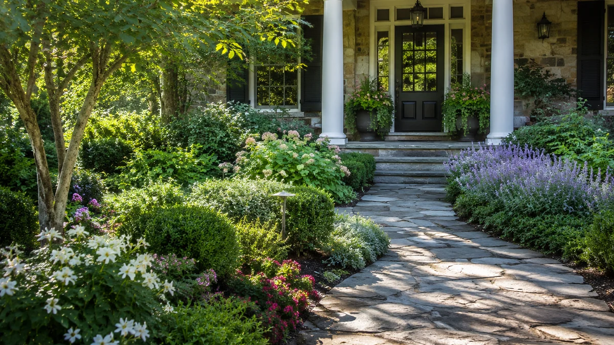 A well-landscaped front yard with flowers, hedges, and a stone pathway in the morning light.