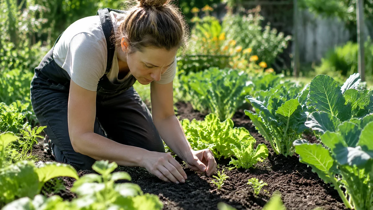 A gardener examining plants and soil in a sunlit garden.
