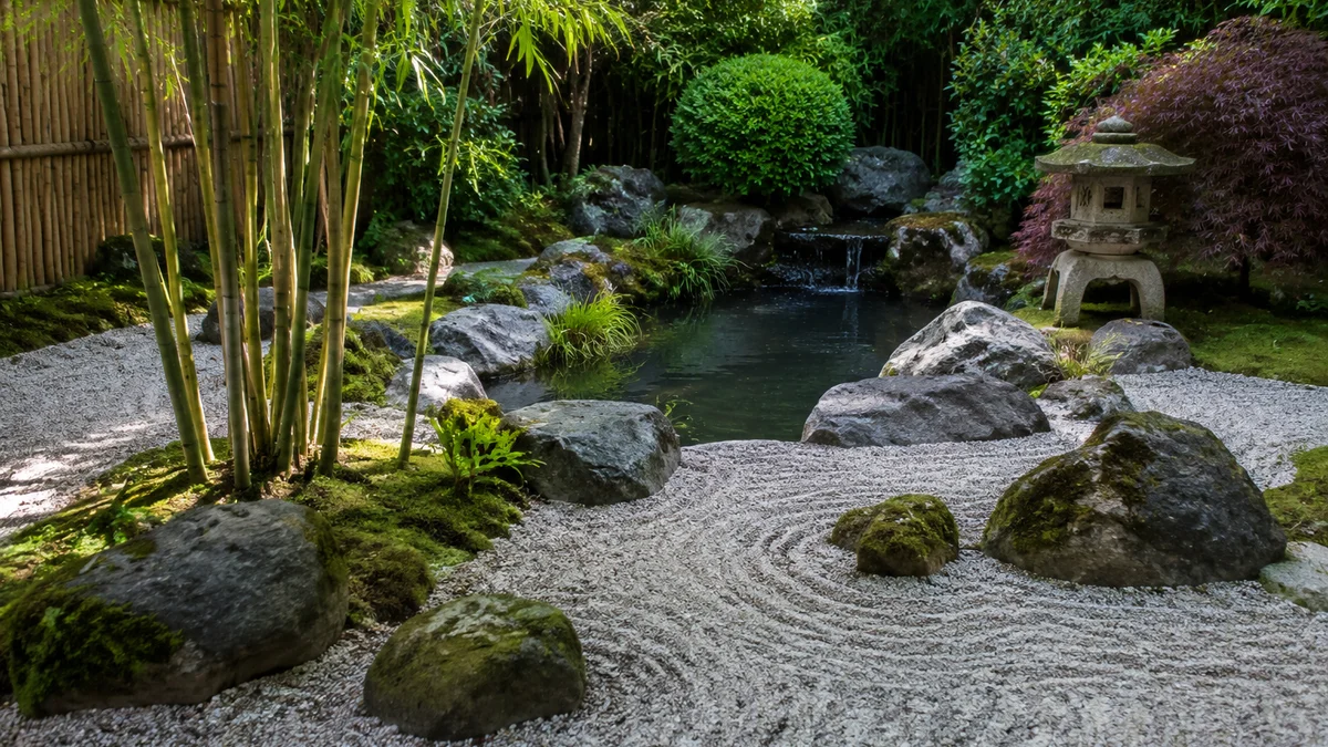 A tranquil zen garden with a pond, raked gravel, and bamboo.