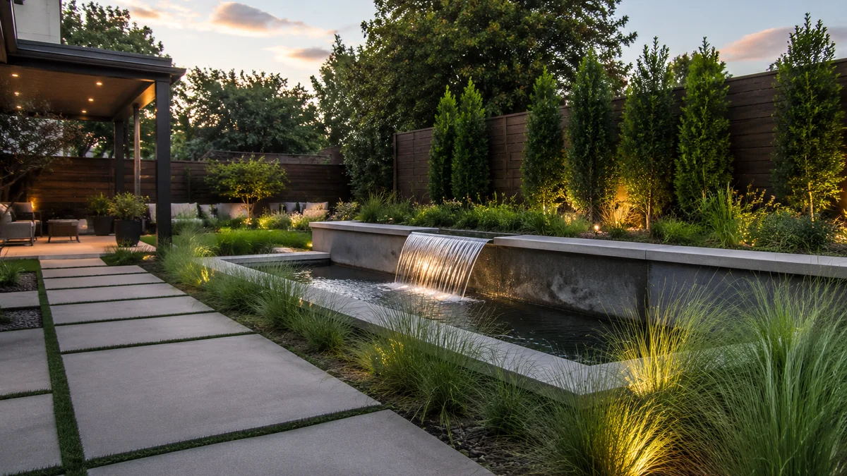 A modern backyard with concrete pavers, ornamental grasses, and a minimalist water feature in evening light.