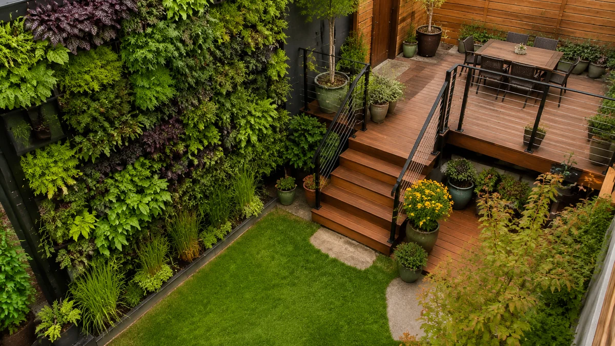 A small backyard with a vertical garden and a multi-level deck seen from above.