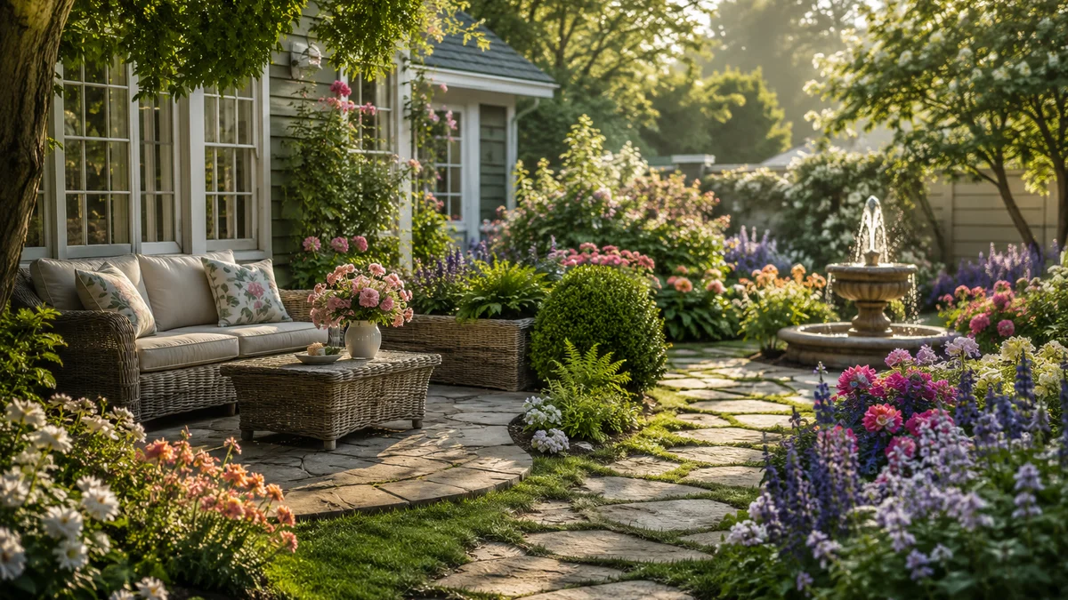 A tranquil backyard retreat with a seating area, flower beds, and a water fountain in the morning light