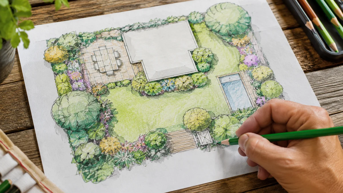 A hand-drawn garden layout sketch on paper with detailed landscaping plans