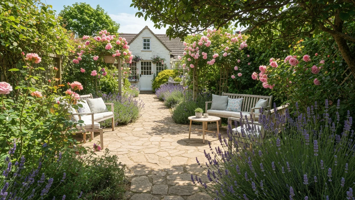 Cottage-style garden with whimsical pathways and floral arrangements