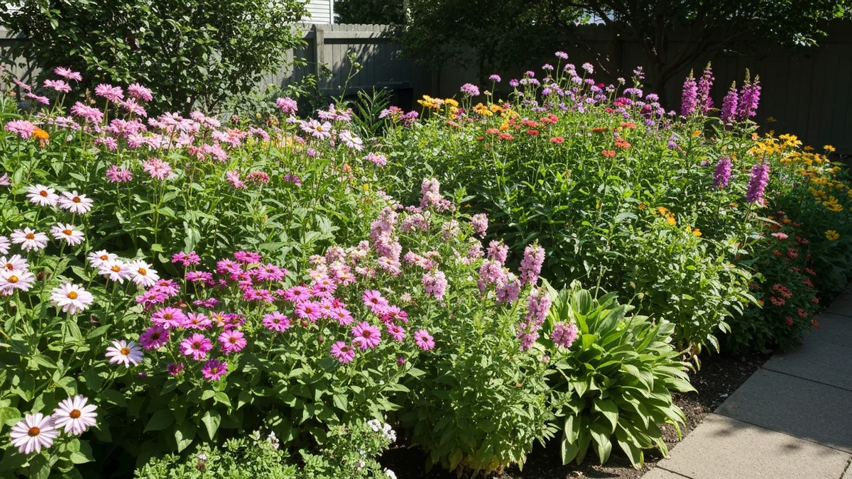 Colorful flowers and greenery in a backyard under natural sunlight
