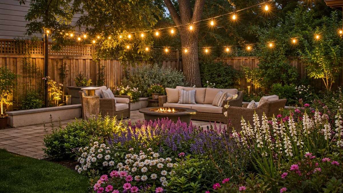 Cozy backyard seating area with flower beds and string lights