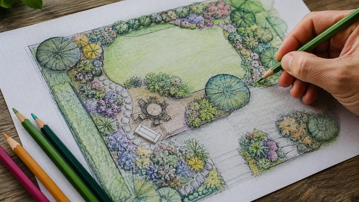 A hand-drawn sketch of a backyard garden plan on graph paper.