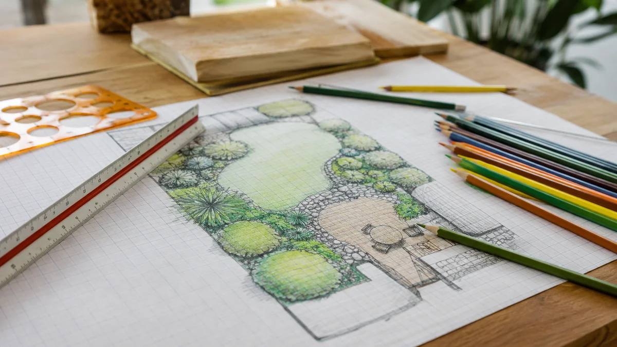 Landscaping drawing tools on a table with a sketched garden plan.