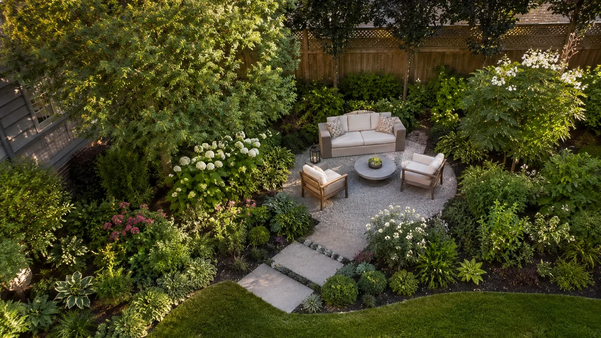Overhead view of a small backyard with plant beds and a seating area.