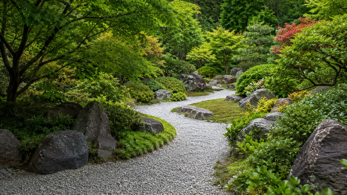 A tranquil Zen garden with gravel path and lush greenery.