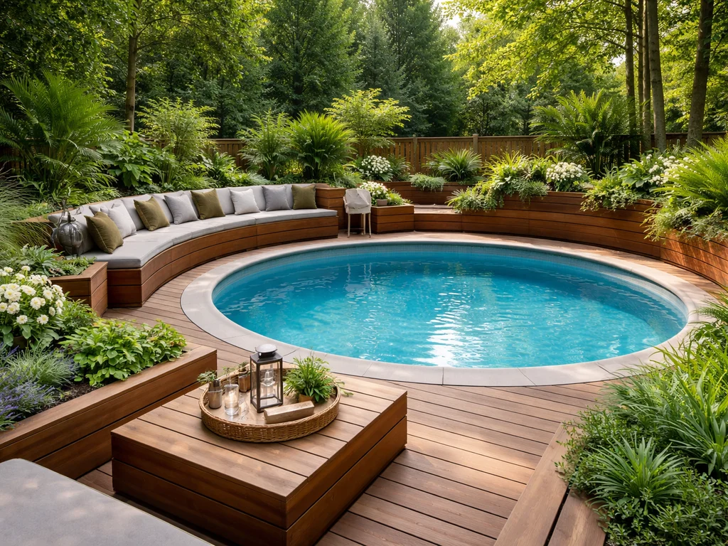 Deck with seating and greenery around an above-ground pool.
