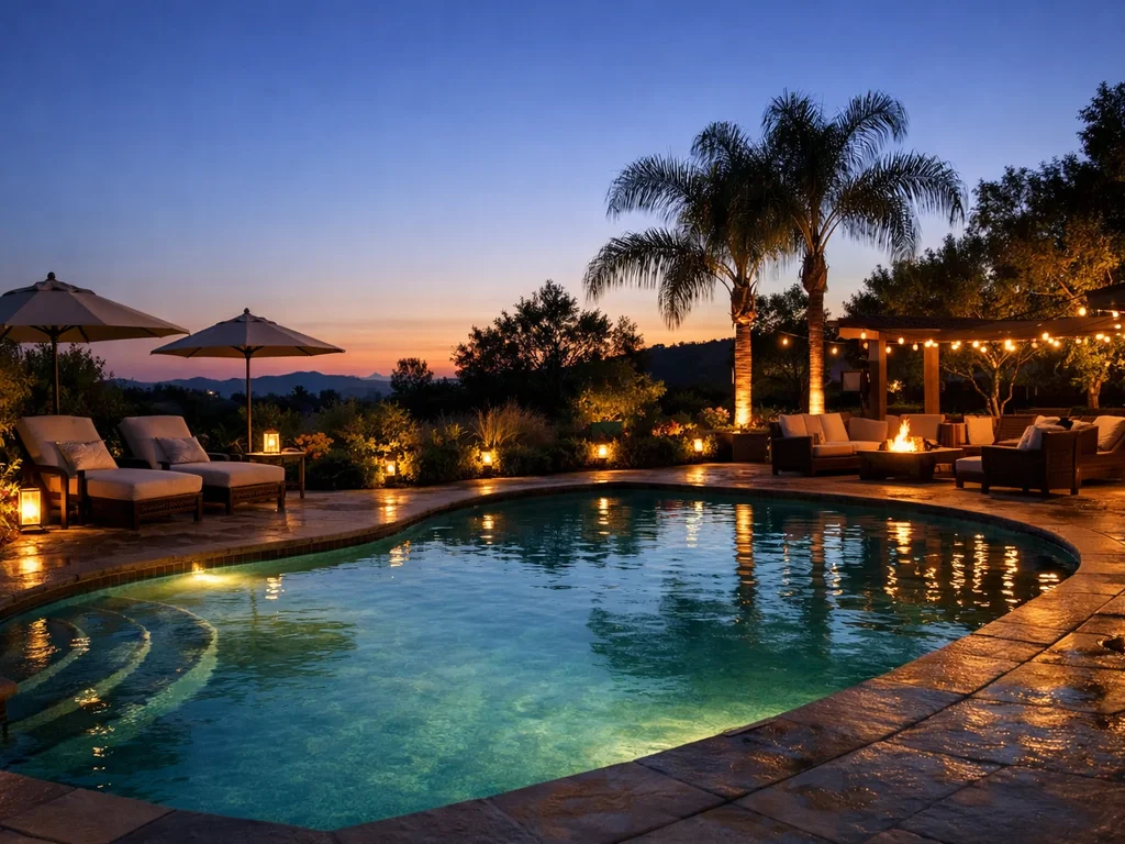 Pool deck with ambient lighting creating evening ambiance.