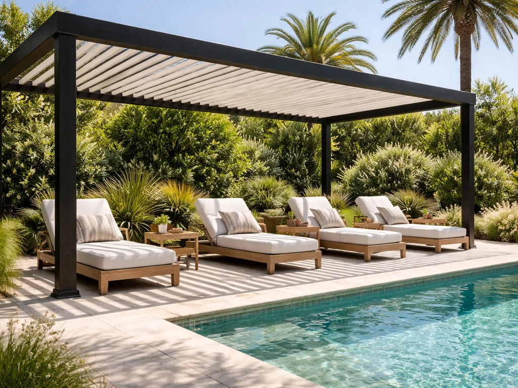 Pergola over a pool deck offering shaded relaxation.