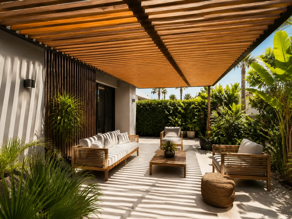 Modern patio with wood slat cover