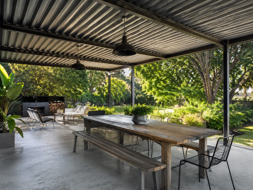 Patio with industrial corrugated metal roof