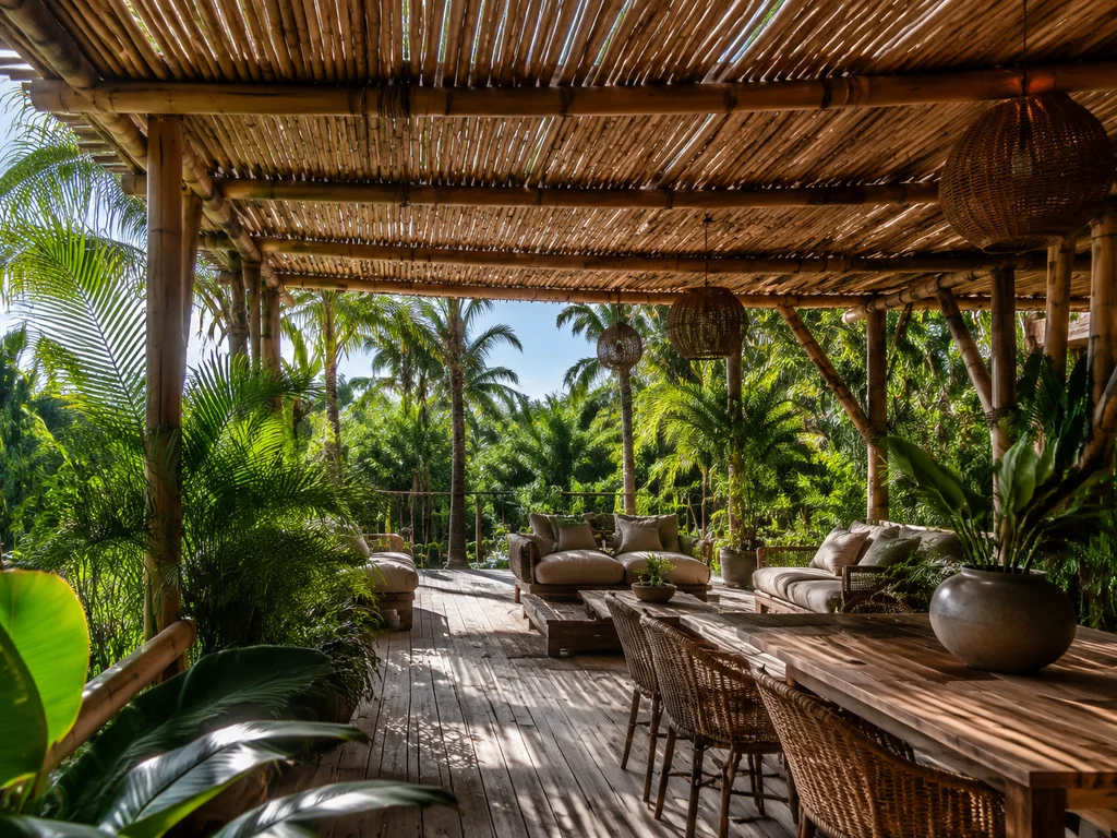 Patio with tropical bamboo cover