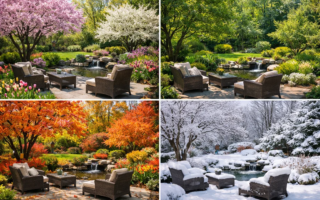 Year-round seasonal views of a yard with different landscaping elements.