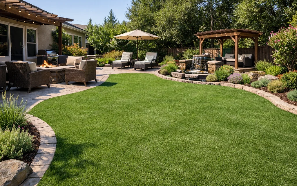 AI-powered visualization of backyard with artificial turf.