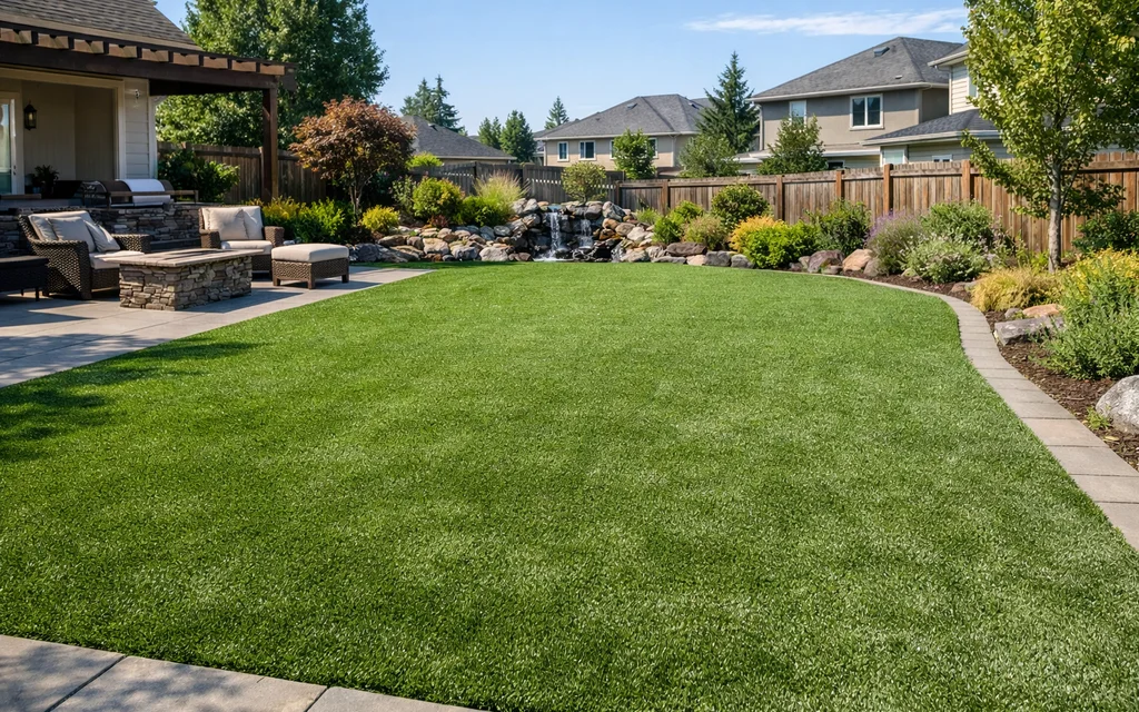Backyard with artificial turf and cost estimation overlay.