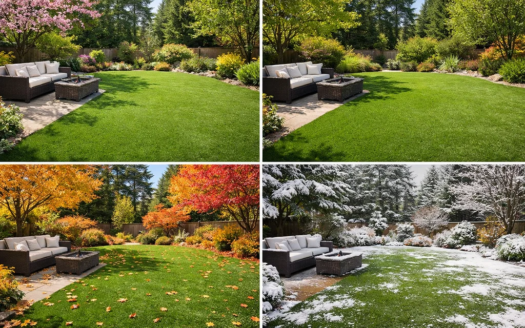 Backyard with artificial turf across four seasons.