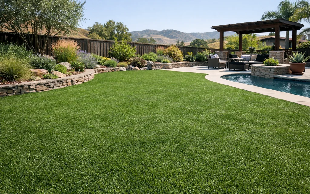 Climate-specific artificial turf in a backyard.