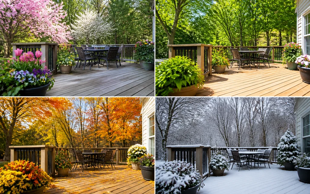 Backyard deck shown in different seasonal views.