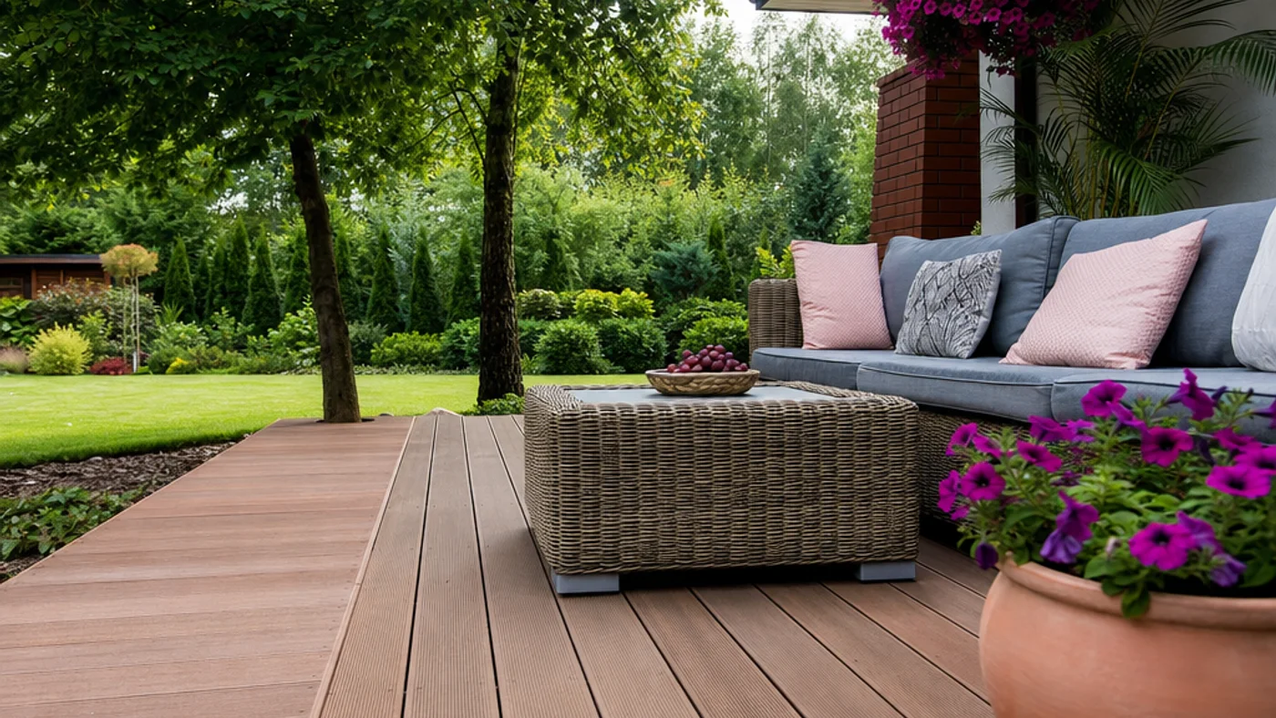Elegant backyard deck with wooden planks and modern furniture surrounded by lush garden.