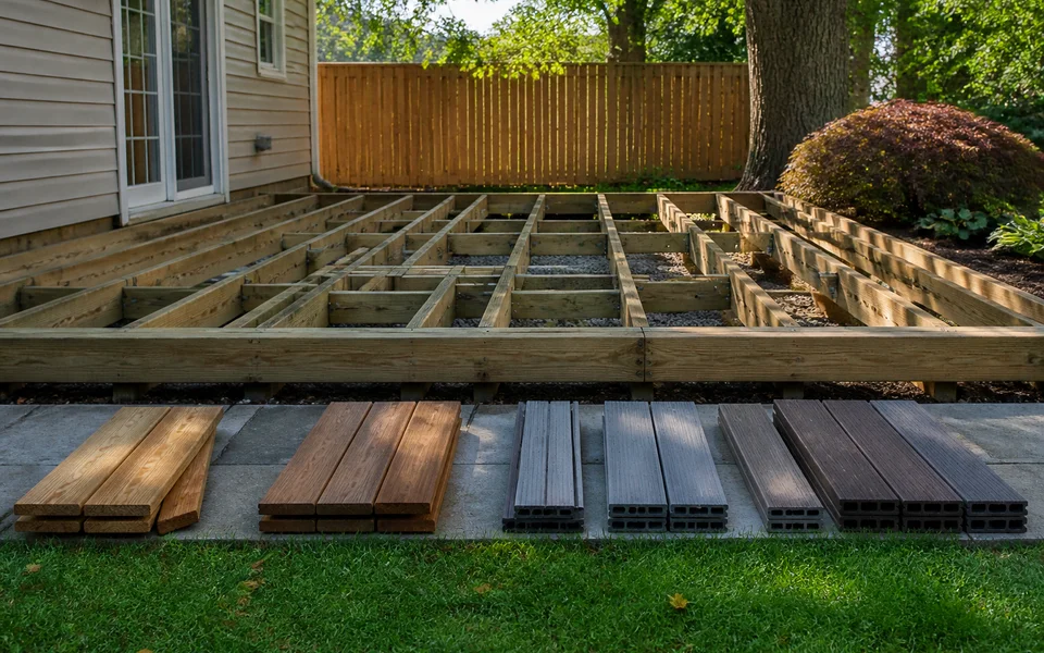 Backyard deck under construction with material samples and size markers.