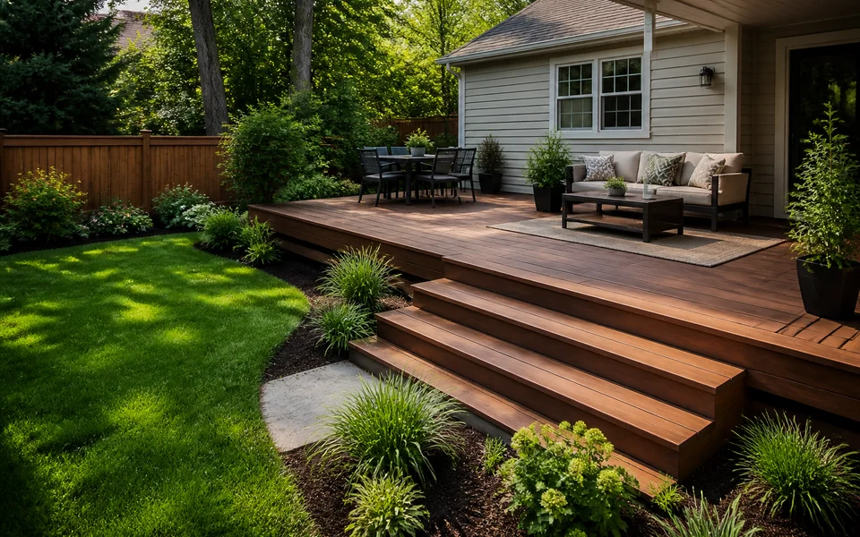 Deck design software overlay on a backyard with a 3D deck model.