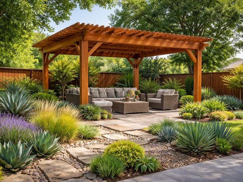 Shaded seating area under a cedar pergola with heat-tolerant plants in a Dallas backyard.