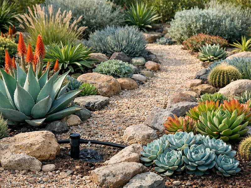 Low-maintenance landscape with drought-resistant plants and smart irrigation.