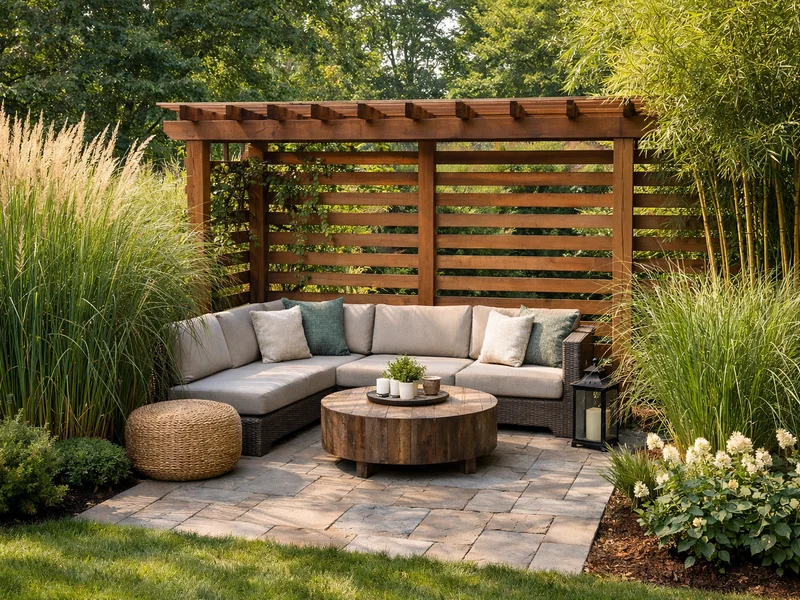 Backyard with strategic plantings and a wooden trellis for privacy and open design.