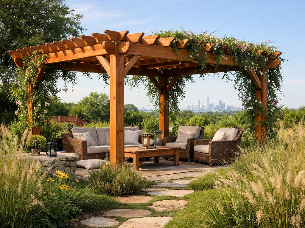 Cedar pergola with flowering vines in a Dallas backyard, skyline barely visible.