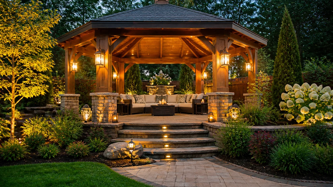 Elegant wooden gazebo in a lush backyard setting