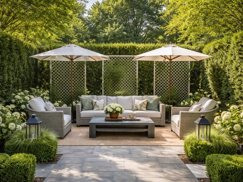 Private patio with hedges and lattice screens
